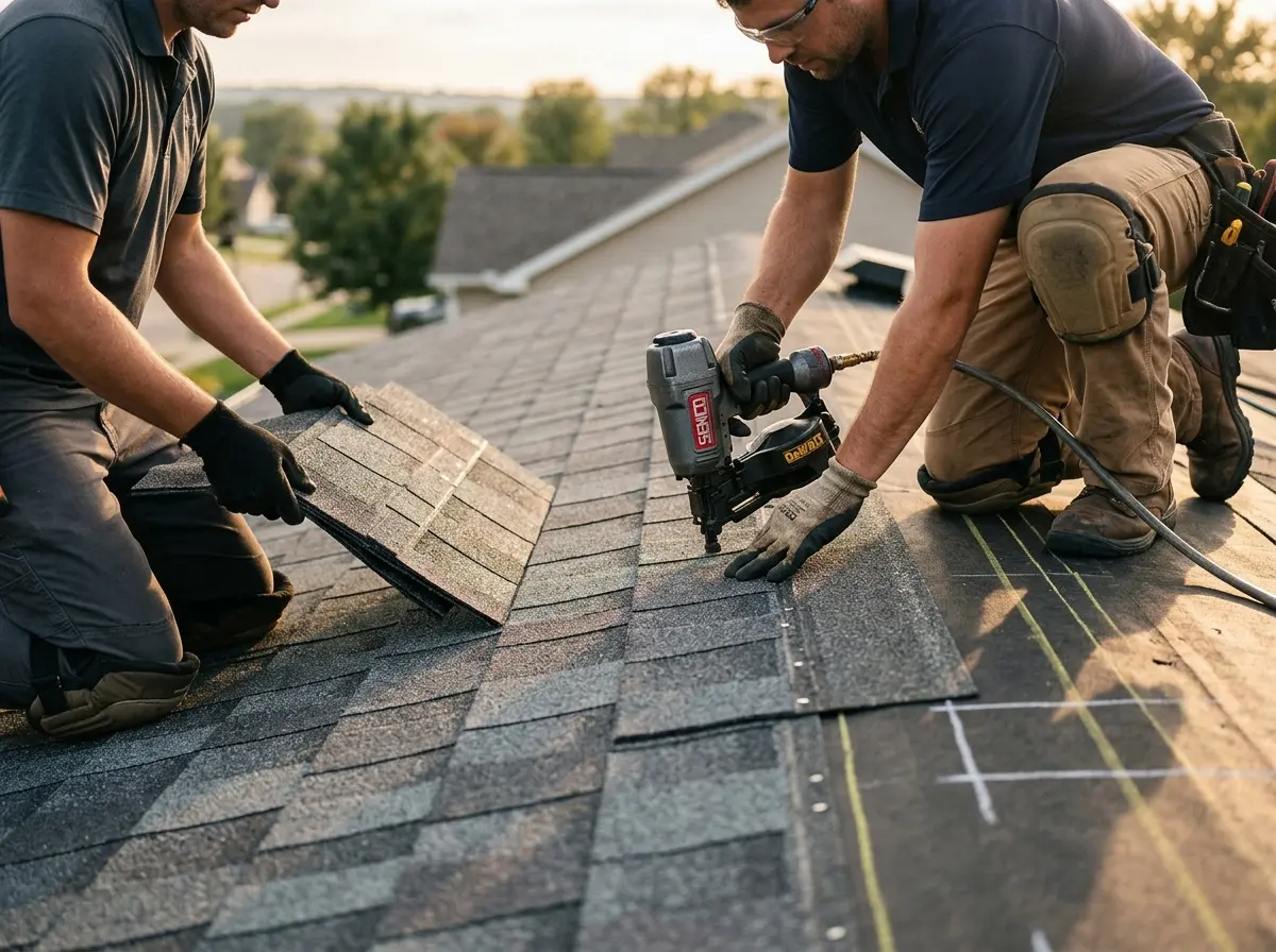 Professional roofer working on a residential roof in Clear Lake